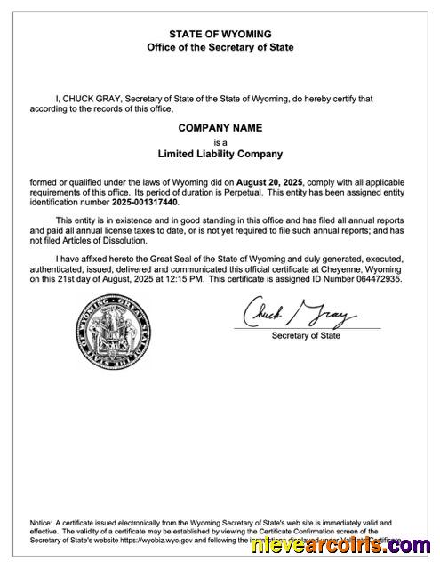 USA Wyoming certificate of registration